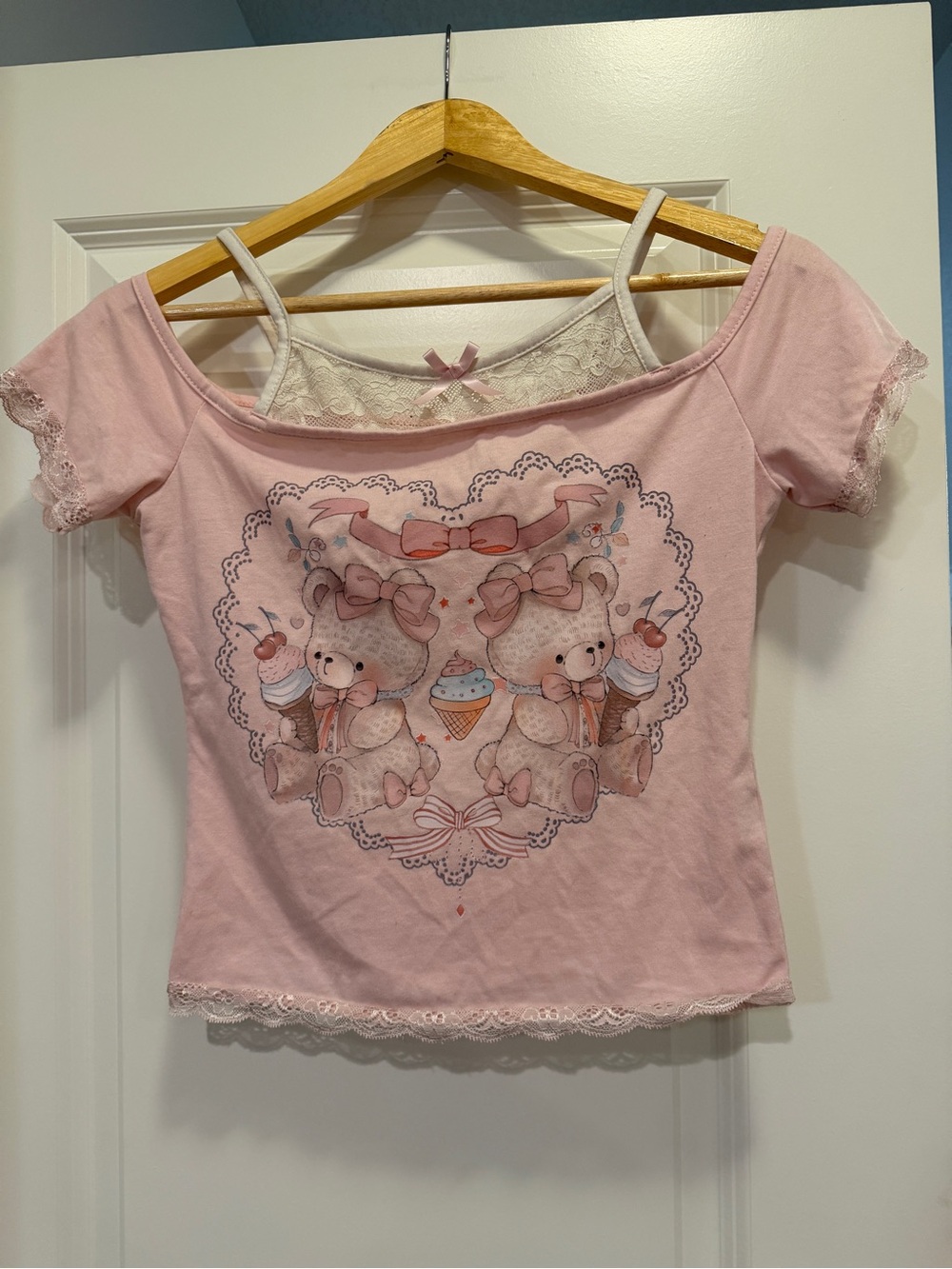 Pink Teddy Graphic Lace-Trim Girls' Top
